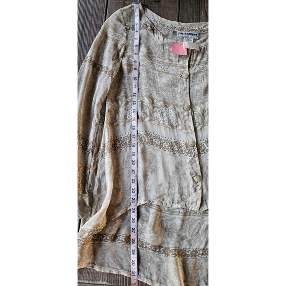 Vintage Lili Crepon Womens Top Plus 1 Tan Floral Sheer Button Up Blouse Shirt - Picture 8 of 10